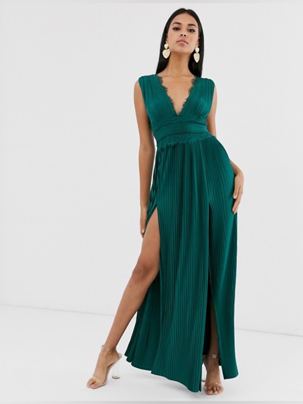 Sleeveless Deep V Pleated Maxi Dress in Emerald Green